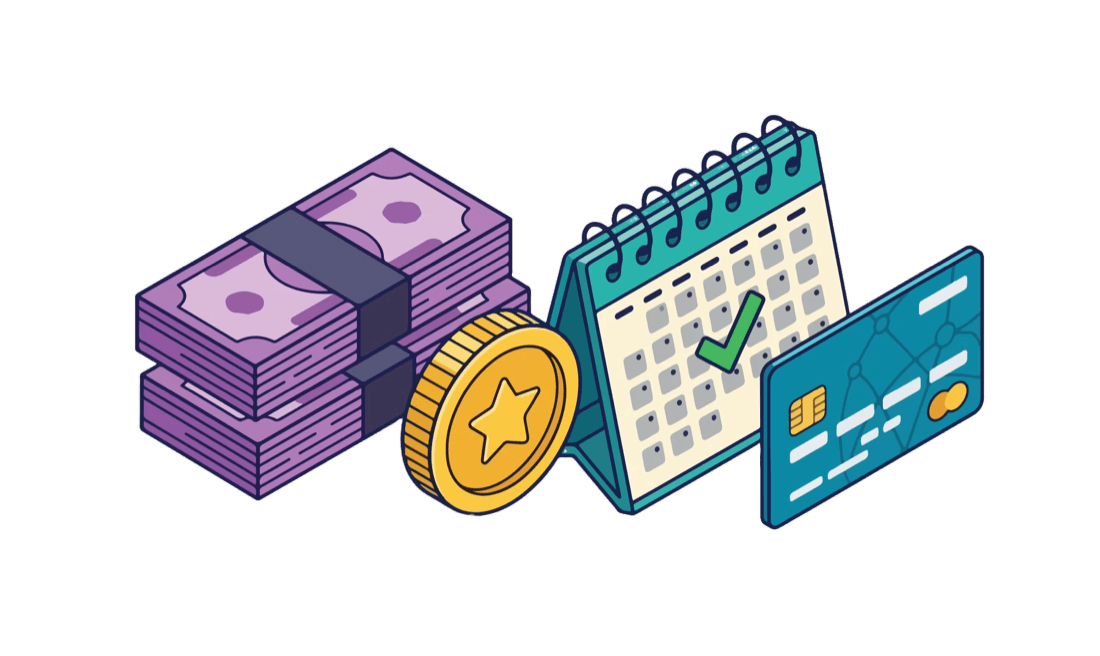 Illustration of cash, a coin, a billing calendar, and a payment card representing predictable pricing