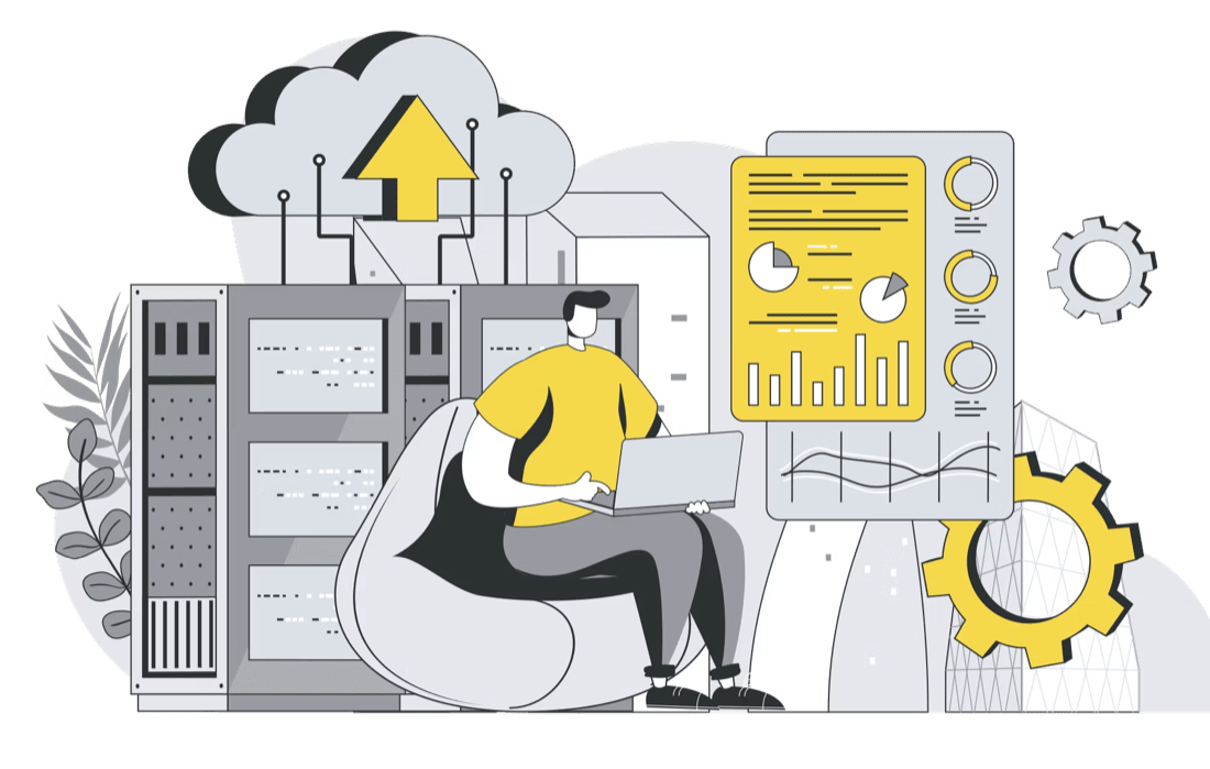 Illustration of server racks, cloud sync, and an analytics dashboard representing scalable infrastructure