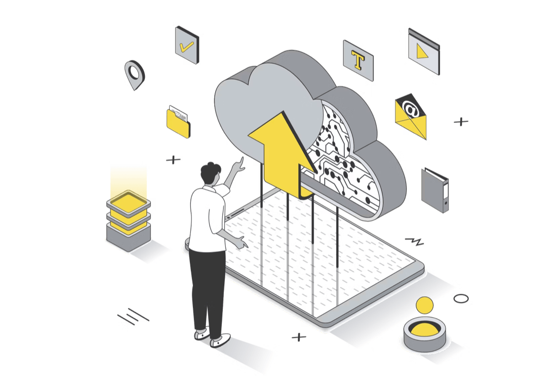 Illustration of a person uploading accounts and files to the cloud during a migration