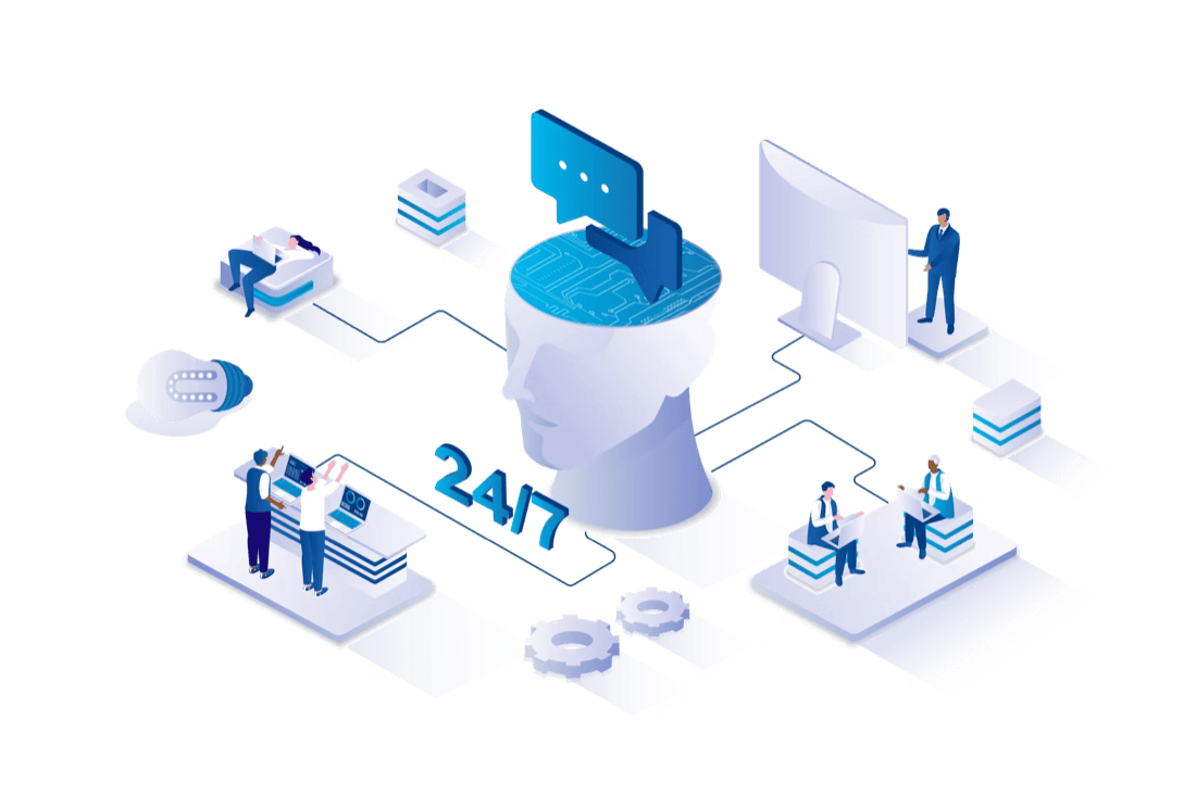 Illustration of a 24/7 support team helping a reseller's customer