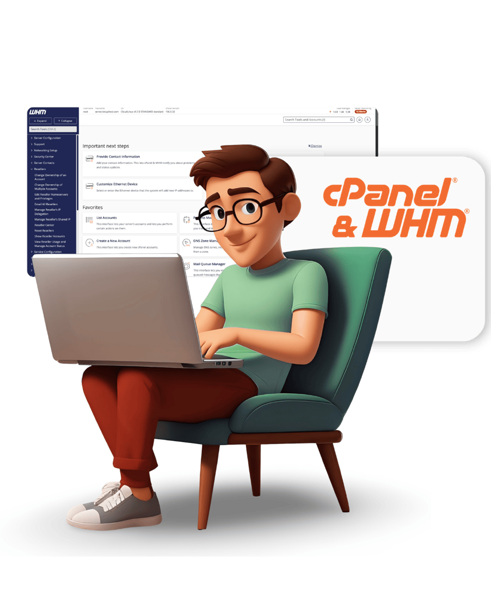 Illustration of a reseller managing hosting accounts through cPanel and WHM