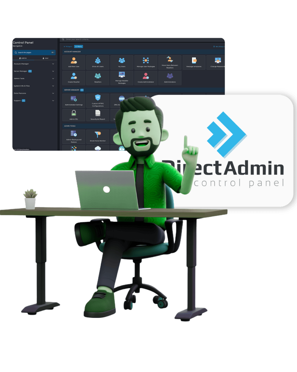 Illustration of a reseller managing hosting accounts through the DirectAdmin control panel