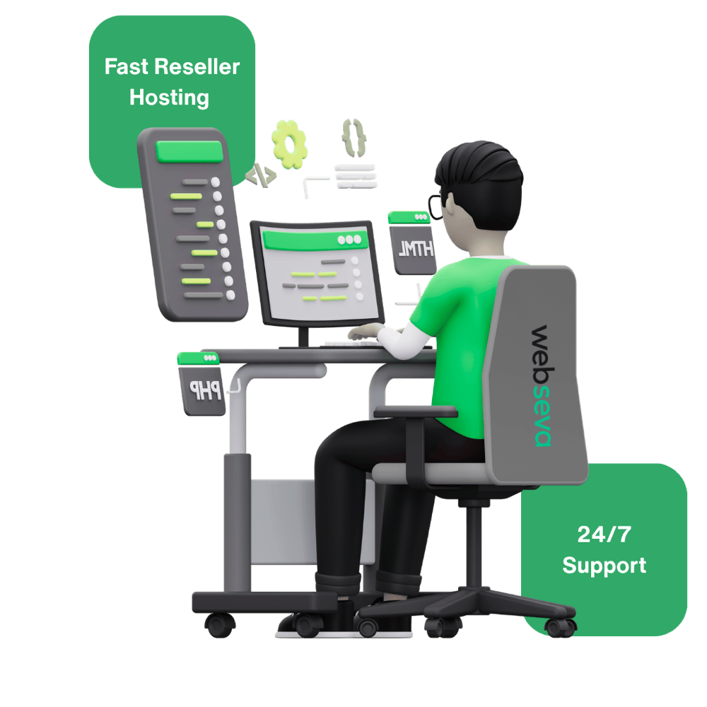 Illustration of a hosting entrepreneur managing their reseller business, backed by WebSeva infrastructure